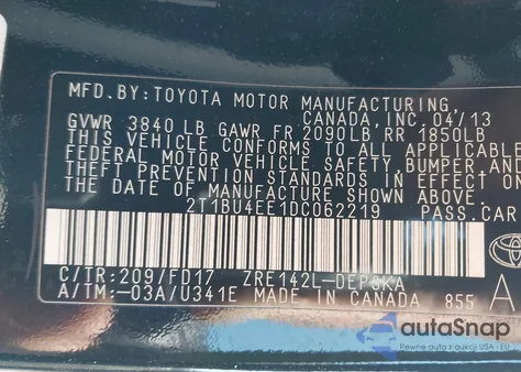 2013 Toyota Corolla S z USA, uszkodzony, nr VIN 2T1BU4EE1DC062219